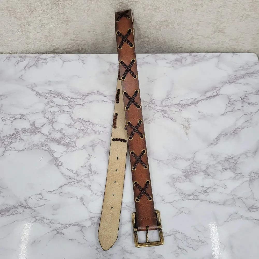 Brown Bonded Leather Belt with Brass Buckle Braided X Design Western